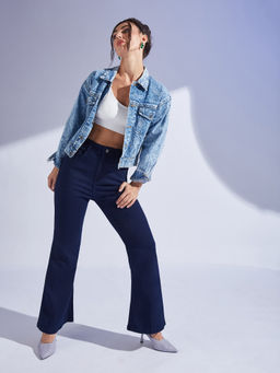 Miss Chase - Womens Navy Blue Bootcut High Rise Denim Jeans