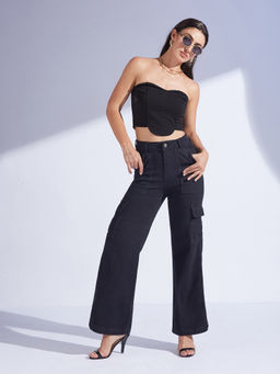 Miss Chase - Womens Black Wide Leg High Rise Denim Cargo Jeans