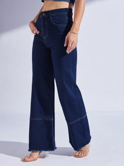 Miss Chase - Womens Navy Blue Wide Leg High Rise Stretchable Denim Jeans