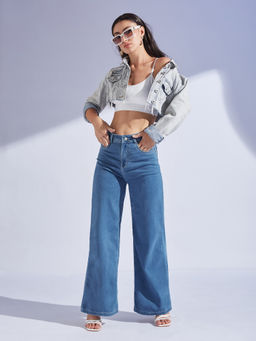 Miss Chase - Womens Blue Wide Leg High Rise Stretchable Denim Jeans