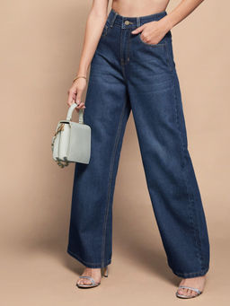 Miss Chase - Womens Navy Blue Wide Leg High Rise Clean Look Regular Length Denim Jeans
