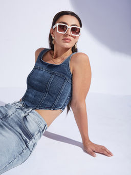 Miss Chase - Womens Navy Blue Sleeveless Zipper Corset