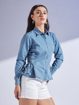 Miss Chase - Womens Light Blue Shirt Full Sleeve Denim Shirt