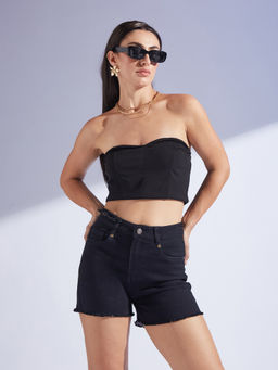 Miss Chase - Women Black Relaxed Fit High Rise Stretchable Denim Shorts