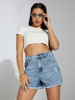 Miss Chase - Women Light Blue Relaxed Fit Mid Rise Regular Denim Shorts