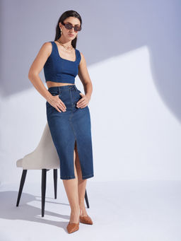 Miss Chase - Women Dark Blue A-Line High-Rise Non-Stretchable Denim Midi Skirt