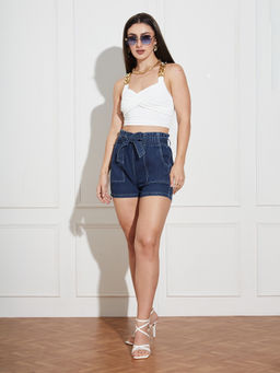 Miss Chase - Women Blue High Rise Denim Shorts with Belt