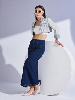 Miss Chase - Women Dark Blue Flared High-Rise Clean-Look Stretchable Denim Maxi Skirt