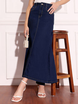 Miss Chase - Women Dark Blue Flared High-Rise Clean-Look Stretchable Denim Maxi Skirt