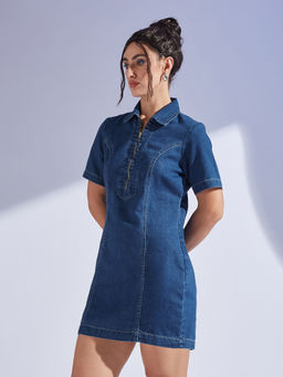 Miss Chase - Womens Blue Collar Neck Half Sleeve Princess Seam Sheath Mini Dress