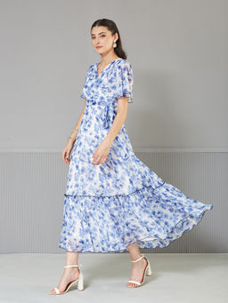 Miss Chase - Womens White Floral Wrap Chiffon Maxi Dress