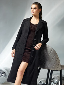 Miss Chase - Womens Black Full Sleeves Button Down Longline Winter Wear Overcoat