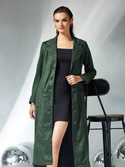 Miss Chase - Womens Dark Green Full Sleeves Button Down Longline Winter Overcoat