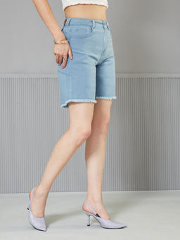 Miss Chase - Women's Light Blue Regular High Rise Above Knee Denim Shorts