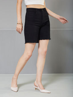 Miss Chase - Women's Black Regular High Rise Above Knee Denim Shorts