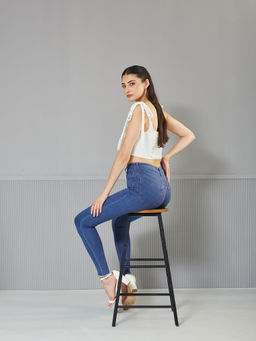 Miss Chase - Womens Blue Skinny High Rise Cropped Length Fringe Detailing Denim Jeans