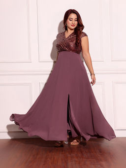 Miss Chase - A+ Curve Collection Plus Size Women's Mauve & Wine Wrap Maxi Dress