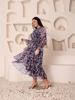 Miss Chase - A+ Curve Collection Plus Size Women's Multicolored-Base-Navy Blue Dress