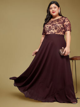 Miss Chase - A+ Curve Collection Plus Size Womens Wine and Beige Regular Dress