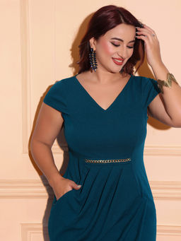 Miss Chase - A+ Curve Collection Plus Size Womens Teal V Neck Wrapped Knee Long Dress