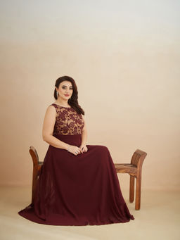 Miss Chase - A+ Curve Collection Plus Size Womens Beige and Wine Fit and Flare Maxi Dress