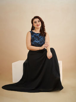 Miss Chase - A+ Curve Collection Plus Size Womens Blue and Black Fit and Flare Maxi Dress