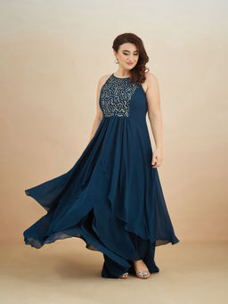 Miss Chase - A+ Curve Collection Plus Size Womens Teal Solid Embellished Maxi Dress