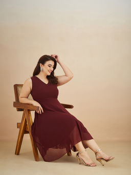 Miss Chase - A+ Curve Collection Plus Size Women's Wine Red High-Low Midi Skater Dress
