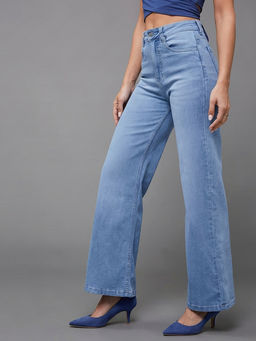 Miss Chase - Women Light Blue Wide-Leg High-Rise Clean-Look Shaping Denim Jeans