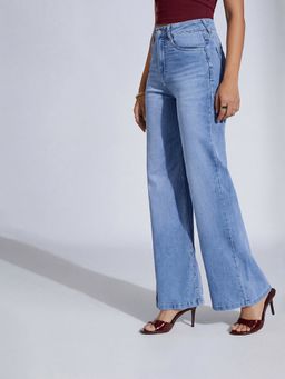 Miss Chase - Women Light Blue Wide-Leg High-Rise Denim Jeans