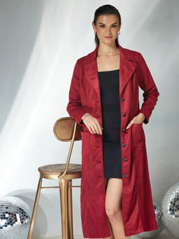 Miss Chase - Womens Dark Red Solid V-Neck Full Sleeves Longline Winter Wear Wintercoat