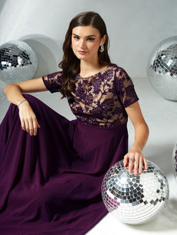 Miss Chase - Women's Dark Purple Round Neck Fit & Flare Georgette Maxi Dress