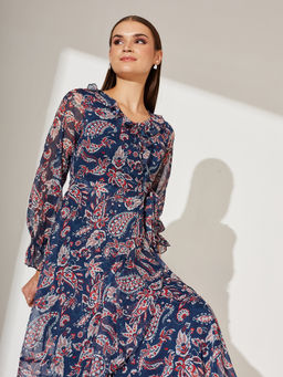 Miss Chase - Women's Multicolored-Base-Navy Blue V Neck Full Sleeves Midi Length Dress