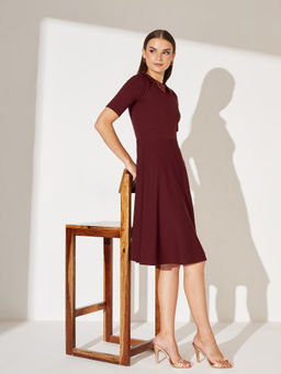 Miss Chase - Women's Wine Red Collared Round Neck Half Sleeve Knee-Long Skater Dress