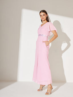 Miss Chase - Women Light Pink Georgette V-Neck Sequined Jumpsuit