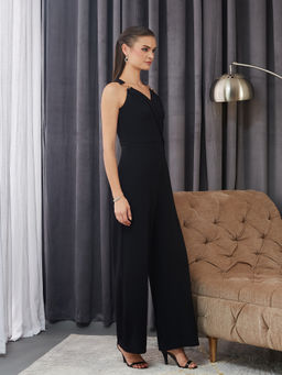 Miss Chase - Women Black V-Neck Sleeveless Solid Wrap Regular Length Jumpsuit