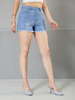 Miss Chase - Women's Blue Relaxed Fit Highly Distressed Mid Rise Ripped Denim Shorts