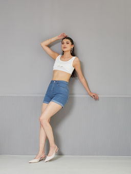 Miss Chase - Women's Blue Relaxed Fit Clean Look Mid Rise Light Weight Denim Shorts