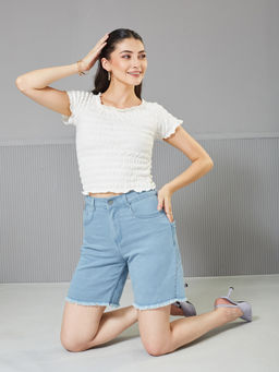 Miss Chase - Women's Light Blue Regular High Rise Above Knee Stretchable Denim Shorts