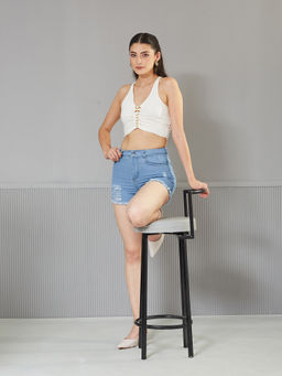 Miss Chase - Women's Blue Relaxed Mid Rise High Distress Non Stretchable Denim Shorts