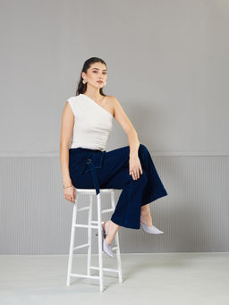 Miss Chase - Women's Navy Blue Bootcut Clean look Regular Stretchable Denim Jeans