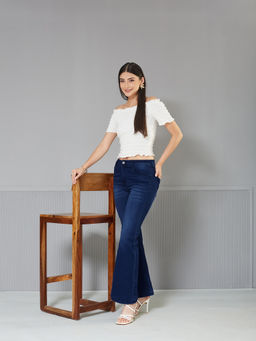 Miss Chase - Women's Navy Blue High-Rise Regular-Length Stretchable Bootcut Denim Jeans