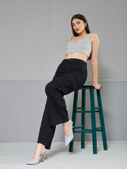 Miss Chase - Women's Black Wide leg Clean look Regular Stretchable Denim Jeans