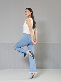 Miss Chase - Women's Light Blue Boot Cut Clean Look Cropped Stretchable Denim Jeans