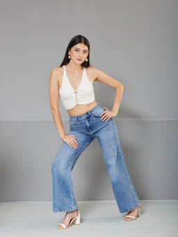 Miss Chase - Women's Light Blue Wide-Leg High Rise Stretchable Shaping Denim Jeans