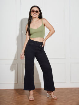 Miss Chase - Women's Black Wide-Leg High Rise Regular-Length Stretchable Denim Jeans