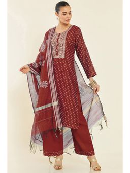 Soch - Women Red Silk Stripes Unstitched Dress Material (Set of 3)