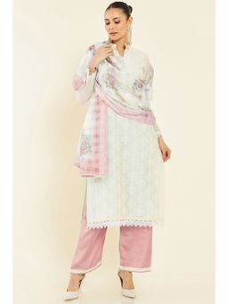 Soch - Women Beige Chanderi Floral Unstitched Dress Material (Set of 3)