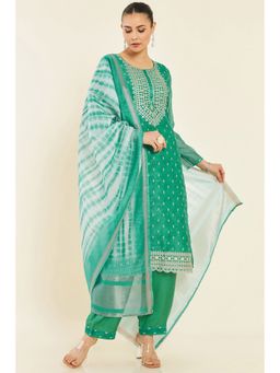 Soch - Women Teal Chanderi Embroidered Unstitched Dress Material (Set of 3)