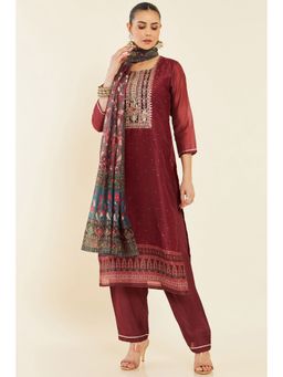 Soch - Women Maroon Chanderi Floral Unstitched Dress Material (Set of 3)